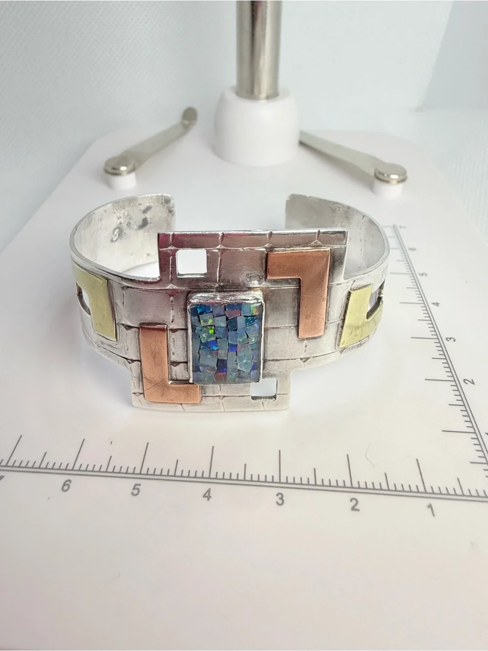 Vintage Modernist Sterling Silver Multi-Tone Inlay Cuff Bracelet